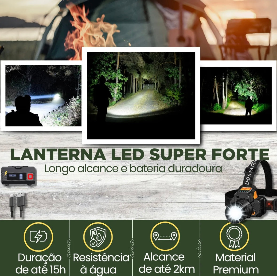 Lanterna de cabeça com power bank 3 baterias