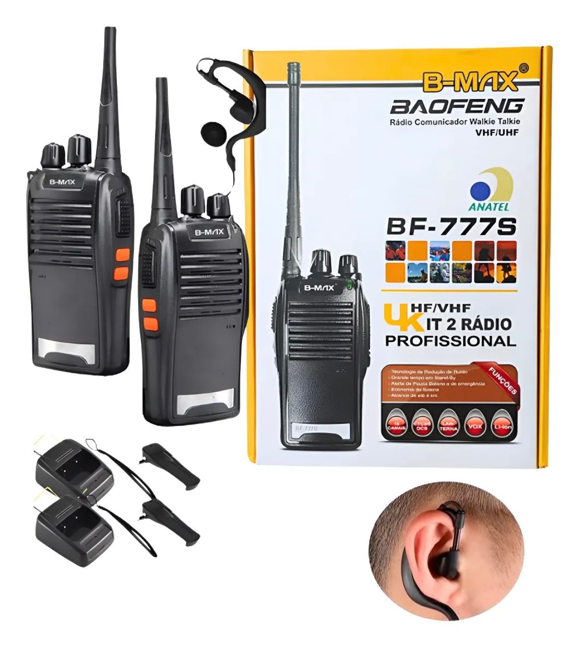 Kit 2 Radio Comunicador Walkie Talkie B-max Baofeng Bf-777s Preto 127/220v