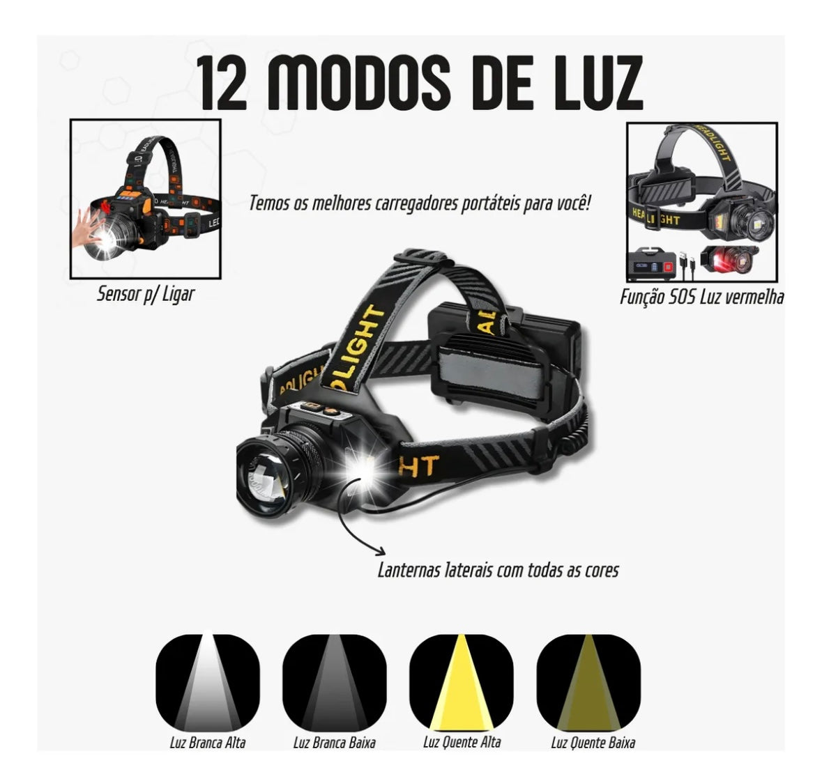 Lanterna de cabeça com power bank 3 baterias