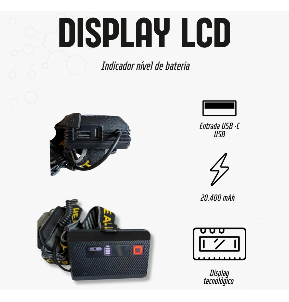 Lanterna de cabeça com power bank 3 baterias