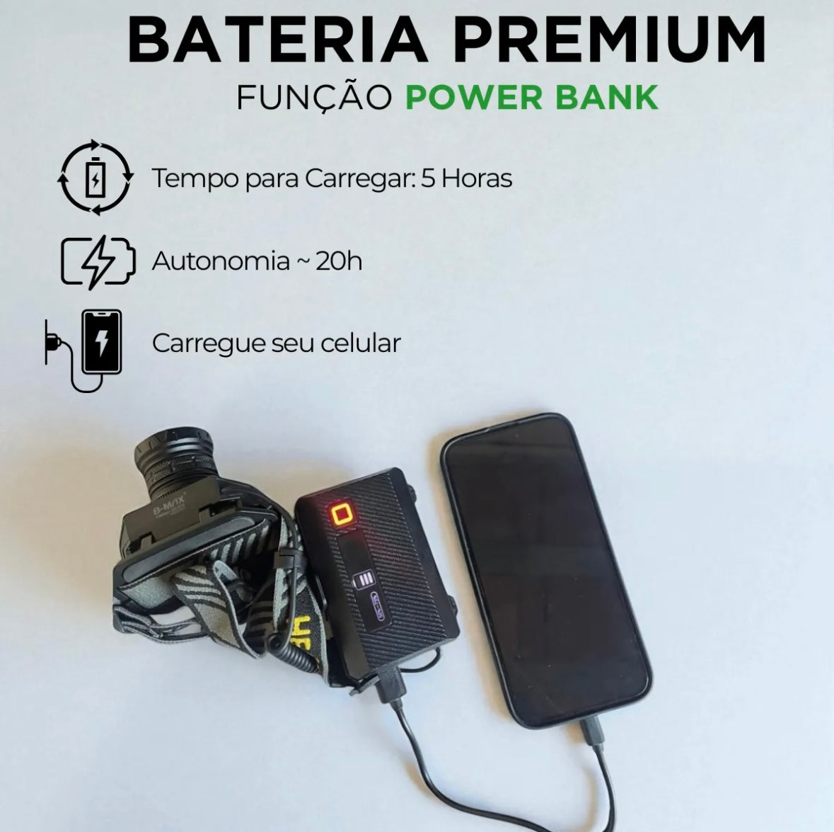 Lanterna de cabeça com power bank 3 baterias