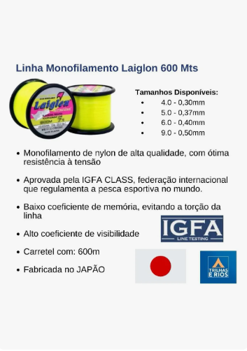Linha Monofilamento Laiglon 600m 0.40mm Verde Limão Resistência 12,5kg tecnologia Japonesa!
